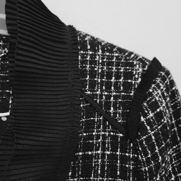 White House Black Market Black & White Tweed Blazer with Silky Ruffle Trim - Picture 4 of 13